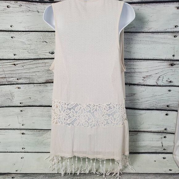 Vanity Cream Sleeveless Open Front Lace Fringe Vest Size L Boho Festival Cardiga - Picture 3 of 8